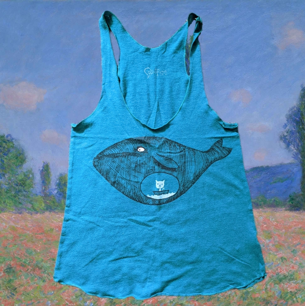 Whale and Cat graphic teal tank top